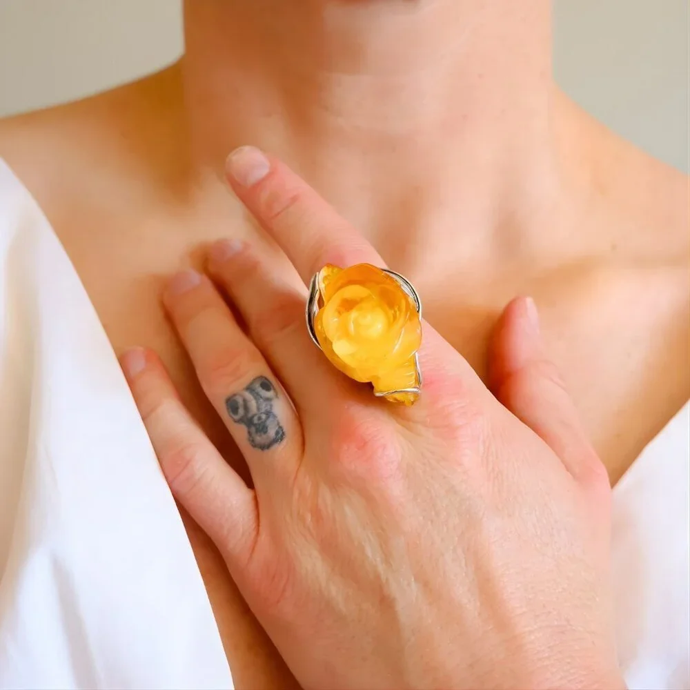 Baltic Amber Ring - Hand-Carved Rose Ring in Sterling Silver